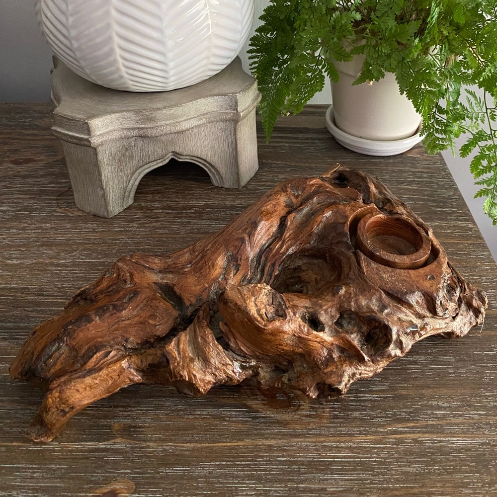 Vtg MCM Polished Driftwood Sculpture Candleholder Rustic Cabincore Cottagecore